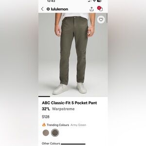 Lulu Lemon ABC Classic-Fit 5 Pocket Pant
32"L Warpstreme